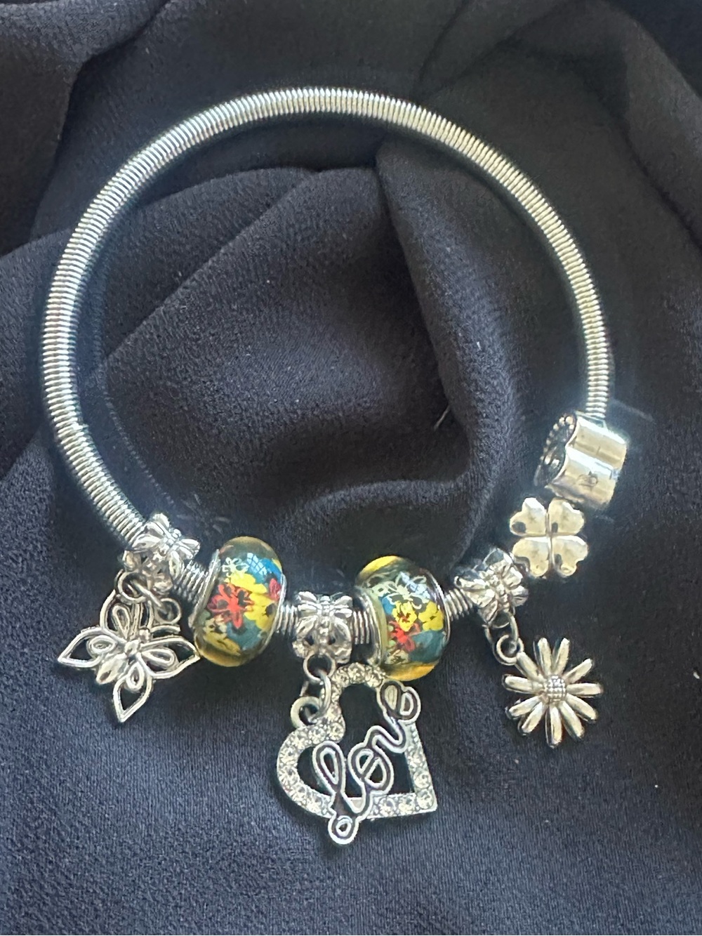 European Style Slide Charm Bracelet – Silver Tone Mesh Band with Charms